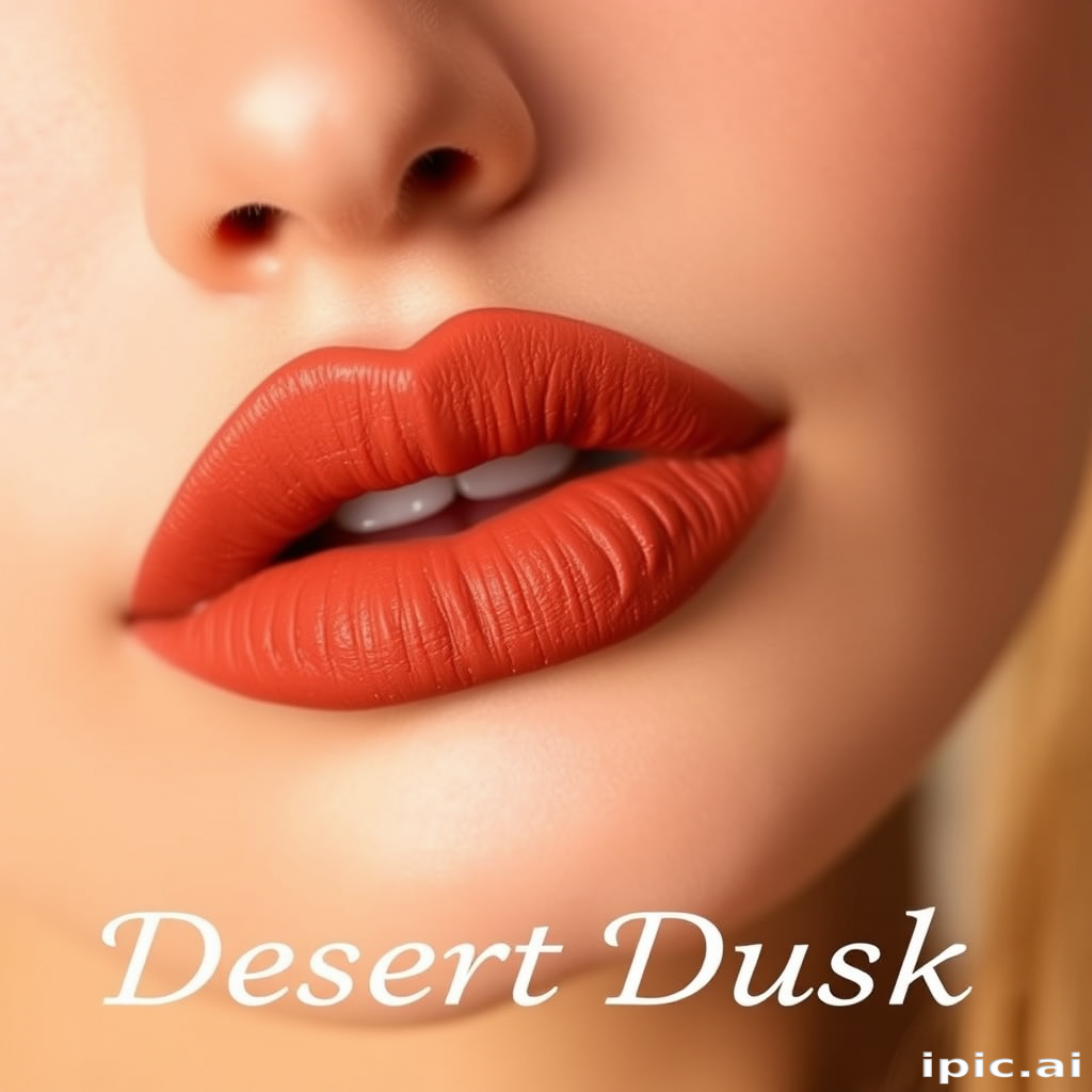 Matte terracotta lips with a suede-like texture, titled "Desert Dusk," exhibit a warm, earthy tone and soft-focus effect for a natural yet polished look