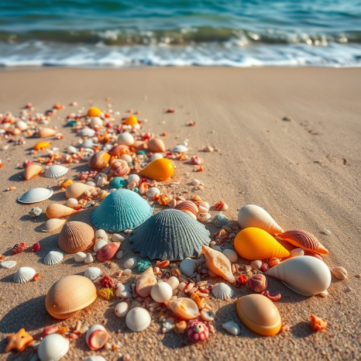 A vibrant beach scene featuring colorful seashells scattered on sandy shores with gentle waves lapping at the beach, shot with a DSLR camera at f/8 aperture, ISO 200, 1/250 shutter speed, using a wide-angle lens at 24mm and a polarizing filter for enhanced color and contrast.