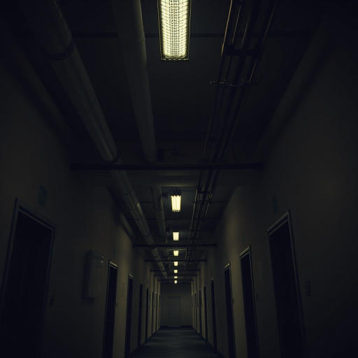 Interior of a dimly lit corridor with multiple doors, overhead pipes running along the ceiling, long shadows cast by ambient light, photorealistic style, wide-angle lens, aperture f/8, ISO 100, 24mm focal length, high dynamic range imaging.