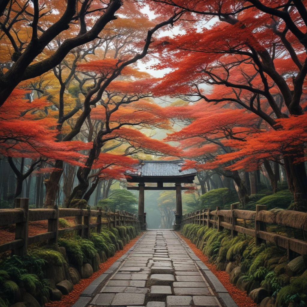 Serene Pathway Through a Misty Forest with Vibrant Autumn Foliage