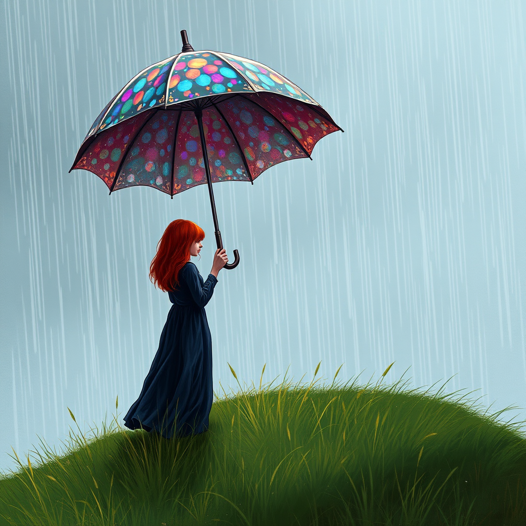 A surreal hand-drawn digital artwork depicting a mysterious red-haired woman standing on a grassy hill under the rain. She holds an umbrella crafted from iridescent zircon, its vibrant sheen contrasting with the soft, rainy atmosphere. The scene feels dreamlike, blending the natural elements of the hill and rain with the otherworldly shimmer of the umbrella.