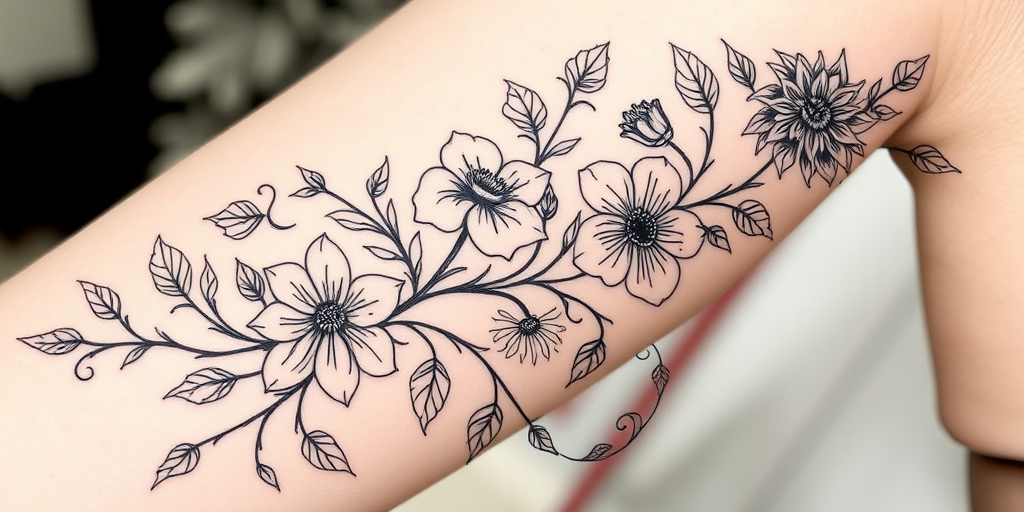 Fine line botanical tattoo, "Nature's Delicacy," featuring exquisitely detailed flowers, leaves, and vines rendered in ultra-thin black lines, capturing the intricate textures and patterns found in nature, perfect for a delicate arm or ribcage piece