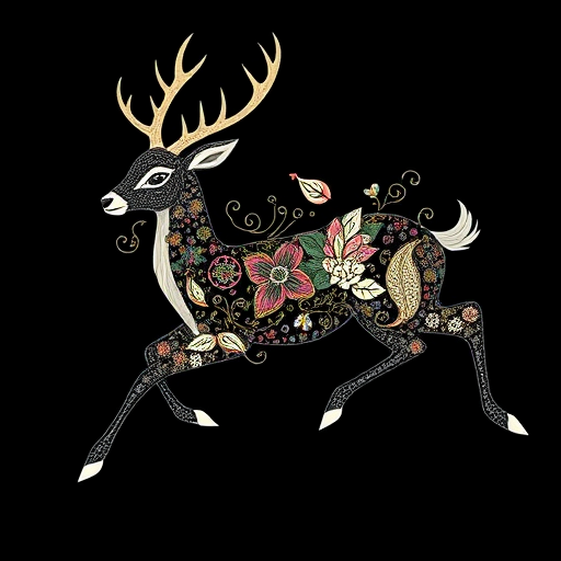 create a high-resolution image of a stylized running deer filled with intricate floral and paisley patterns against a black background, using a digital camera with a focal length of 50mm, aperture set to f/2.8, ISO 100, shot in landscape orientation with a soft focus effect for enhanced artistic quality