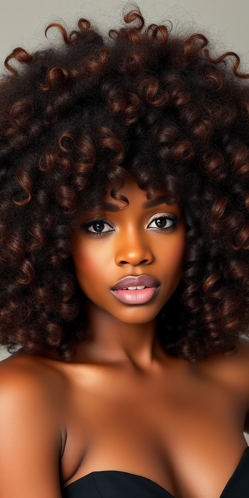 Luxurious chocolate brown curls with caramel highlights styled in a voluminous afro, showcasing natural texture called "Cocoa Crown" embracing heritage and beauty