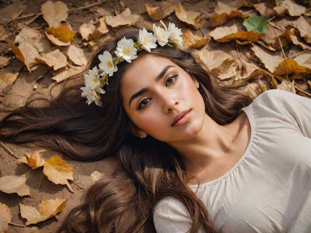 create a watercolor painting of an ethereal portrait of beautiful Kurdish woman with a simple white flower crown on her head. Her hair is long and she is lying on the ground. The sunlight on the trees casts shadows from the leaves on her face and body. The background is a neutral brown color that matches her skin tone. The image is minimalist and solid colors. This style is characterized by soft, delicate brushstrokes and a light, airy, contrasting color palette. High level of detail and play of light