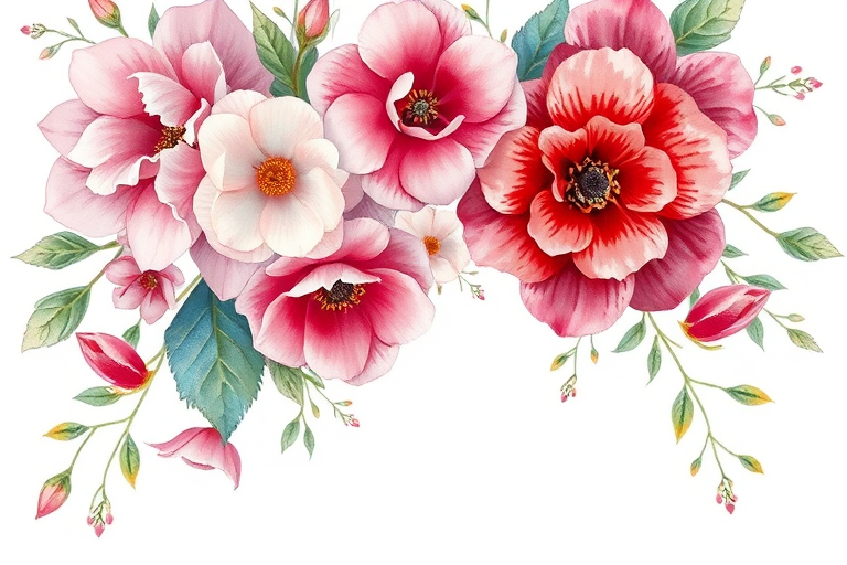floral corner design with pink, red, and white flowers, watercolor style, high-resolution, soft focus, natural light, f/2.8 aperture, 50mm lens, DSLR camera, vibrant colors, detailed textures, isolated on white background