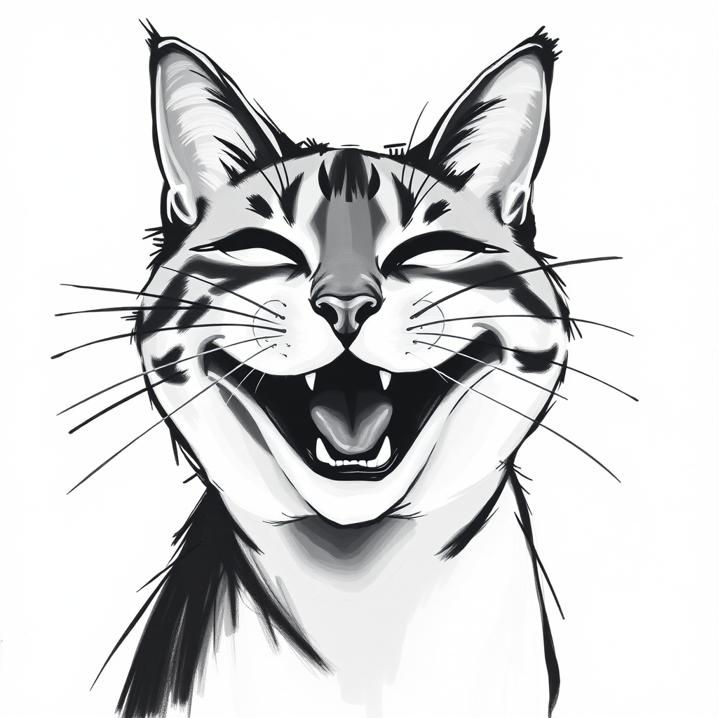 Abstract black and white acrylic portrait of an over exaggerated laughing (cat). Minimalism style. White background.