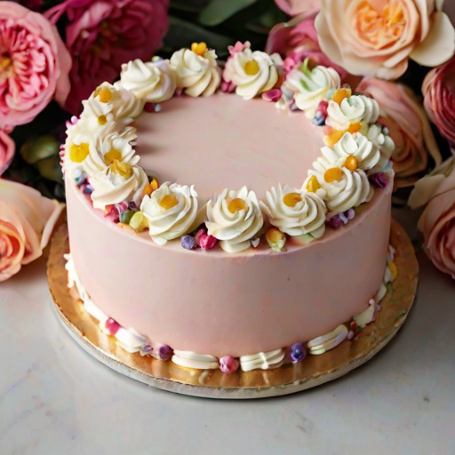 Create an image of a beautifully decorated cake surrounded by a variety of colorful flowers. The cake should have a smooth frosting and be adorned with fresh blooms like roses and daisies, arranged in a circular pattern on top and around the base. The setting should be bright and airy, with a hint of natural light illuminating the scene.