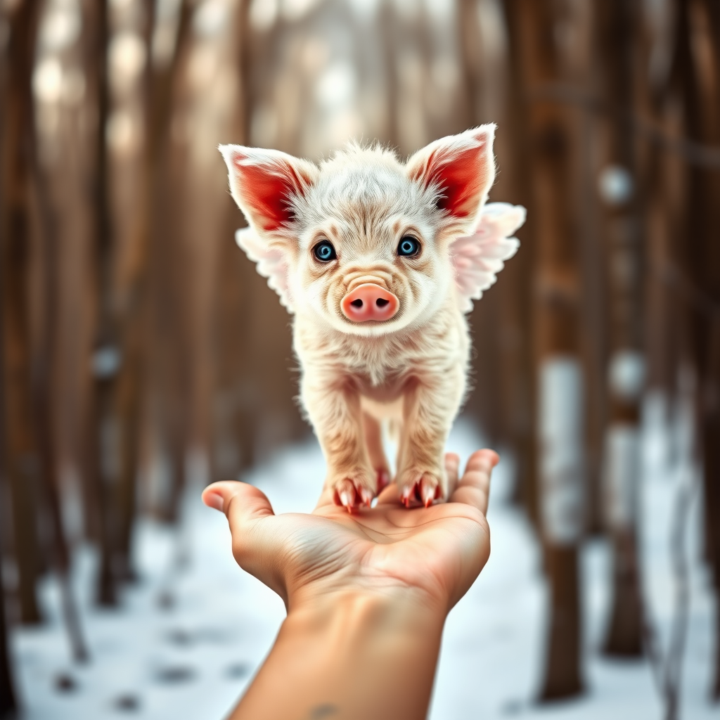 A cute pig with angelic wings standing on a human hand. The cub has a soft, fluffy texture with detailed fur, expressive blue eyes, and a curious expression. The wings are large and feathery, blending seamlessly with its fur, giving an ethereal appearance. The background is a winter forest, with the ground covered in snow and blurred brown trees, creating a serene atmosphere. The human hand in the foreground is positioned palm-up, supporting the lion cub gently, fingers slightly curled. The lighting is soft and diffused, enhancing the tender and magical feel of the scene. Colors are predominantly neutral with white, cream, and soft browns, contrasting with the subtle blue of the lion cub's eyes. The overall composition is balanced, with the cub at the center, creating a focal point that draws the viewer's attention immediately.