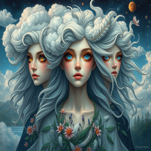 Create a series of imaginative portraits where each subject is infused with elements of fantasy and nature. The hair of the individuals should flow like clouds, varying from soft, fluffy cumulus to wispy cirrus strands, with hints of color reflecting a sunset or a clear blue sky. The eyes should be windows to entire galaxies, with stars, nebulae, and distant planets visible within them. Clothing should be adorned with nature motifs, such as floral patterns that bloom and change, vines that seem to grow and wrap around, or feathers that shimmer with iridescence. Each portrait should capture a unique personality, blending human features with the ethereal beauty of the natural and cosmic world. The backgrounds can vary, from starry night skies to enchanted forests, adding depth and context to the magical realism of the portraits