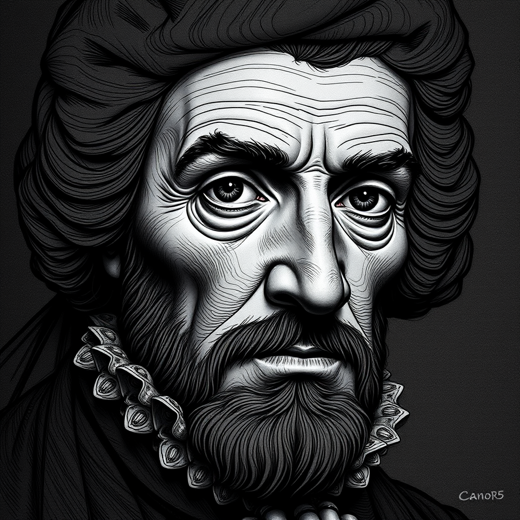 Create a highly detailed portrait of a historical figure with intricate line work and shading, using a Canon EOS R5 camera, 85mm lens, aperture f/1.2, ISO 100, soft diffused lighting, and a slight vignette effect to enhance contrast and depth.