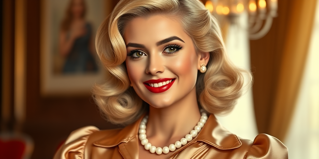 A beautiful Hispanic woman reminiscent of 1950s Hollywood glamour, with perfectly styled blonde hair and a seductive smile, dressed in a satin blouse and adorned with pearls, soft and warm tones, photorealistic, 8K