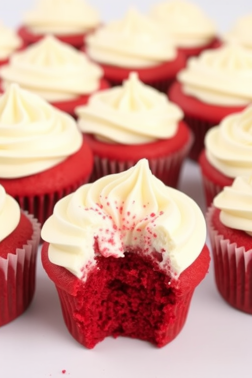 Red velvet cupcakes with cream cheese frosting arranged on a white background one cupcake has a bite taken out of it showing the moist red interior and fluffy frosting on top.