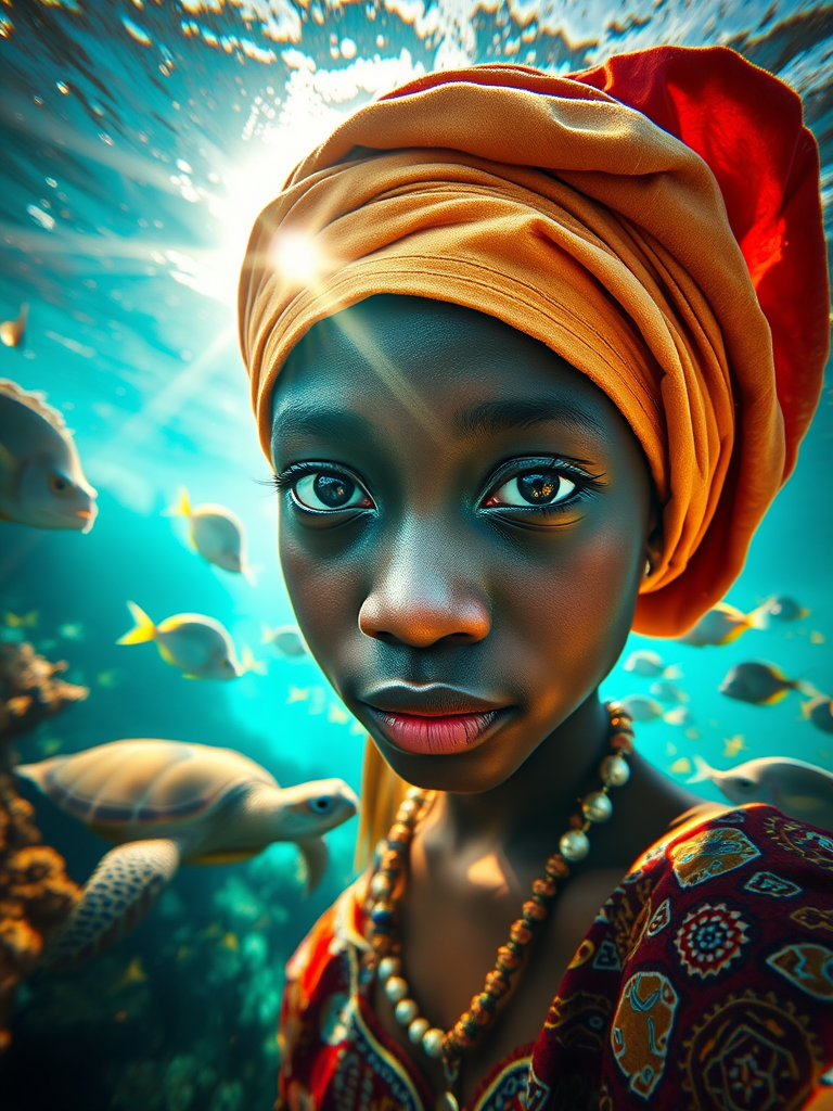 Realistic selfie image of a Oromo, wearing a vintage outfit, detailed dreamy eyes, droopy hooded eyes, staring at the camera, taken underwater at coral reef with a sunbeam filtering through the water, vibrant, summer vacation, natural lighting, turtle and school of tropical fish with vibrant colors, rendered in the style of CryEngine, Pegi Nicol MacLeod, with realistic genre scenes, hauntingly beautiful narratives, ultra-realism, and Thomas Saliot's close-up technique, 8K resolution, crystal clear and sparkling water.