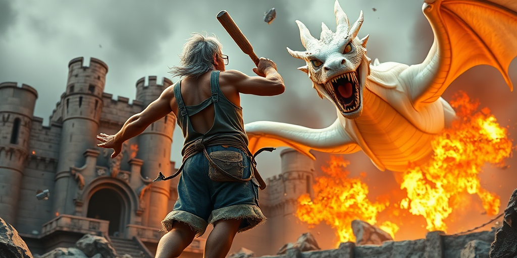 Cartoon 3D High-Resolution,dynamic battle scene using Unreal Engine 5 and Octane Render. The scene features back of an elderly, thai man with a beard,messy hair and round golden-rimmed glasses. He is wearing a tattered tank top with soot marks, shorts, and sandals. sweating. he wields a baseball bat. He jump to fight with a white fire-breathing Europe dragon amidst a partially destroyed stone castle. Include intense flames, smoke, and debris to enhance the dramatic effect.