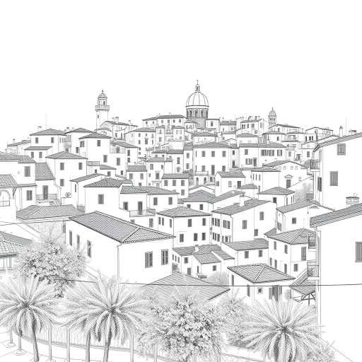 Create a high-resolution line drawing of a Mediterranean village with detailed buildings and rooftops, captured from a slightly elevated angle using a DSLR camera with a 50mm lens, f/8 aperture, ISO 100, and a soft focus background to enhance depth.