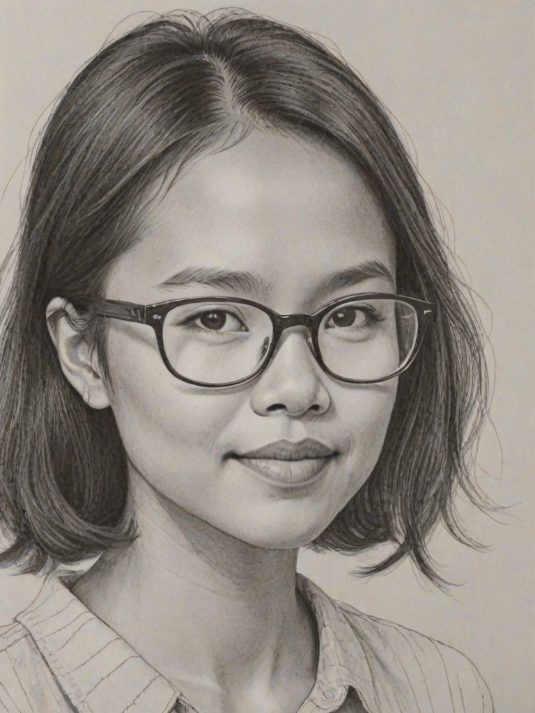 Radiant Charlyne Yi, pencil sketch, portrait of Delightful woman 1959s in glasses, hair style beatnik, outline, clear lines, fine lines, 8k