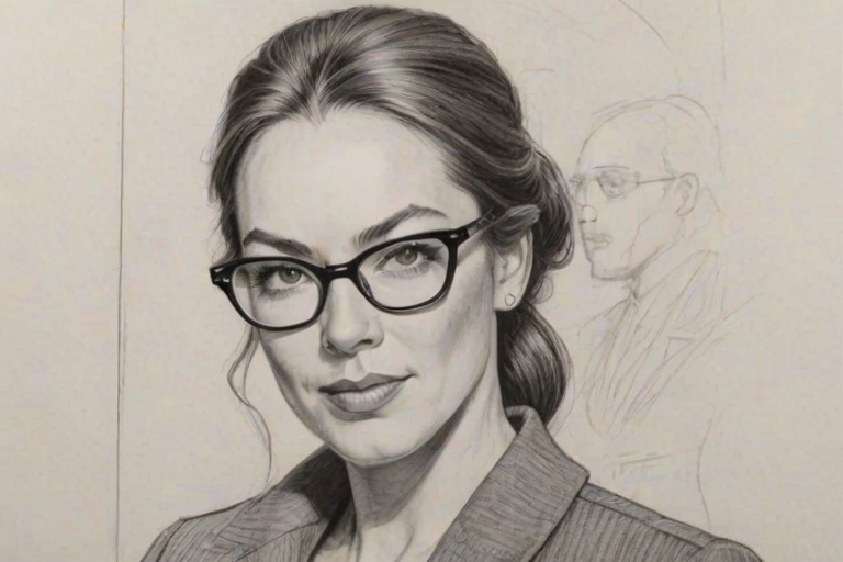 Magnificent Elizabeth Marvel, pencil sketch, portrait of Ravishing woman 1967s in glasses, hair style beatnik, outline, clear lines, fine lines, 8k