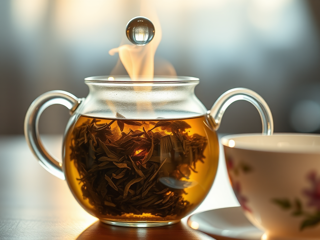 Warmly lit, close-up photo of a glass teapot with loose-leaf tea steeping, steam rising gently, with soft light reflecting off the glass, and delicate floral patterns on a nearby porcelain cup.