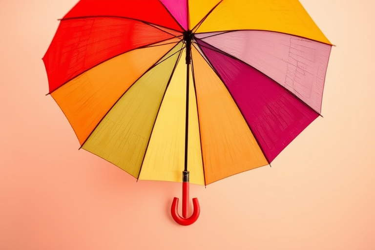 brightly colored umbrella on a plain background, f/2.8, ISO 100, 1/125s, top-down view, DSLR camera, vibrant colors, high contrast, enhanced saturation