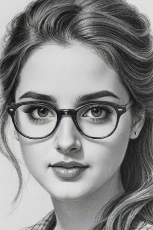 Attractive Laura Marano, pencil sketch, portrait of Enchanting woman 1941s in glasses, hair style beatnik, outline, clear lines, fine lines, 8k