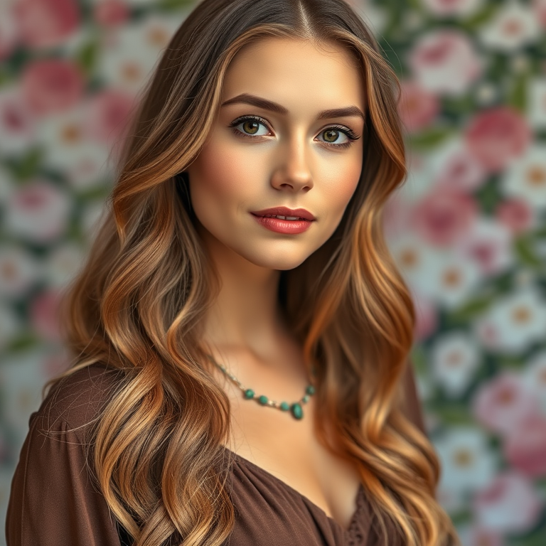 Portrait of a woman with long, wavy hair and a serene expression, wearing a brown dress with a delicate green necklace, softly lit with a blurred floral background, shot with a Canon EOS R5, 85mm lens, f/1.8 aperture, ISO 100, natural light, high dynamic range.