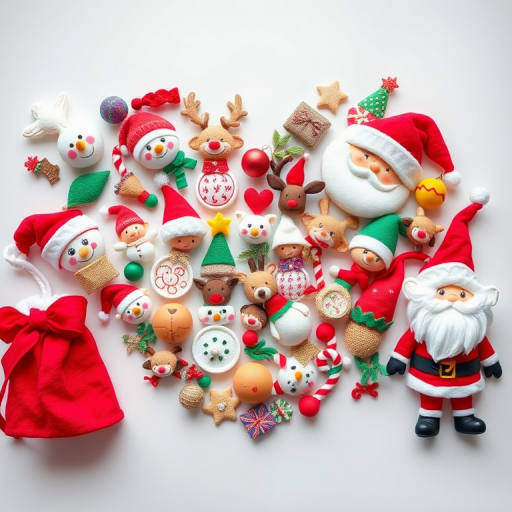 Create a vibrant heart-shaped arrangement of various cute holiday characters like snowmen, reindeer, elves, and Santa, with a bright background; use a DSLR camera, aperture f/2.8, ISO 100, and 50mm lens for sharp focus and vivid colors.
