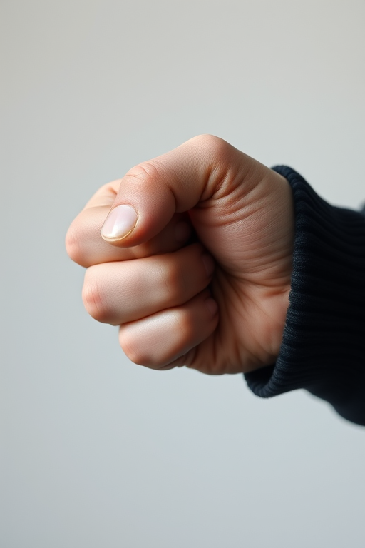 Create a high-resolution image of a clenched fist, using a 50mm lens, f/2.8 aperture, ISO 100, soft natural lighting, shot from a 45-degree angle in a minimalist style to enhance contrast and detail.