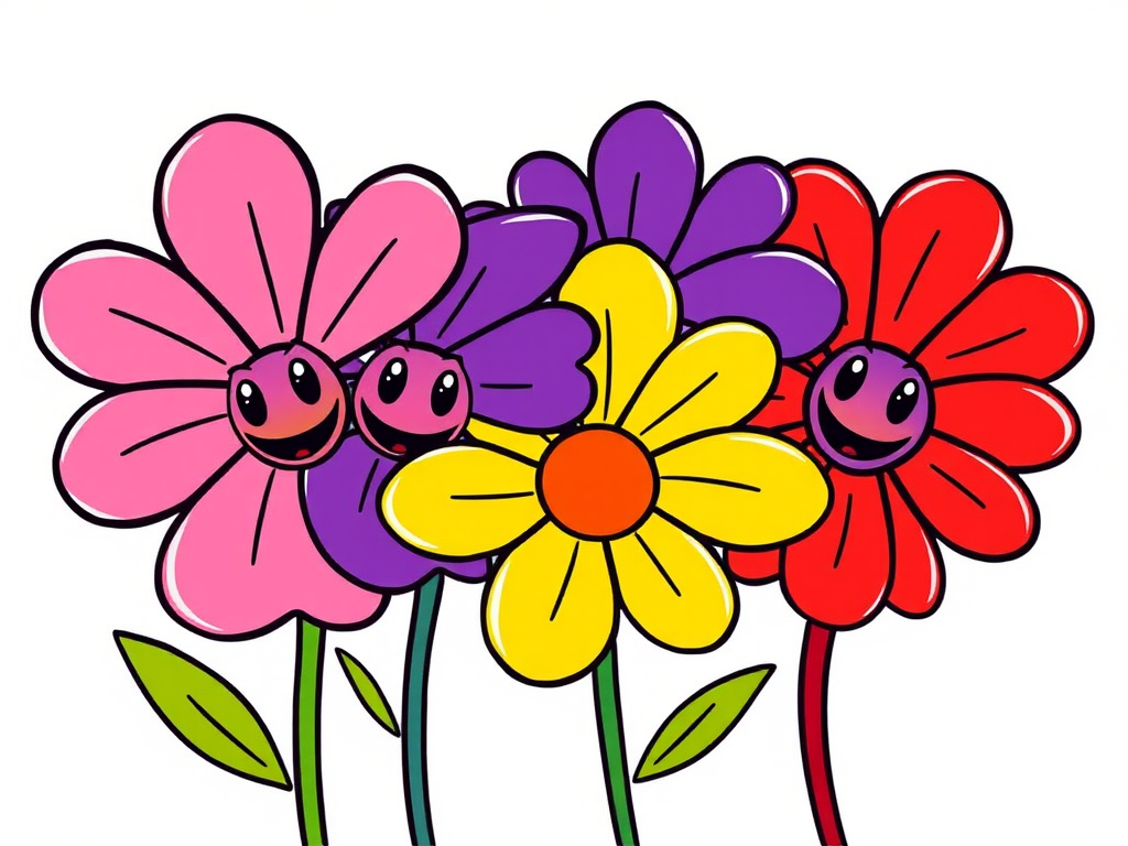 Create a vibrant illustration of four cartoon flowers in a row, with distinct colors: pink, purple, yellow, and red, featuring bold outlines and simple shapes, captured with a DSLR camera, 50mm lens, f/2.8 aperture, ISO 100, in daylight to enhance color saturation and sharpness.