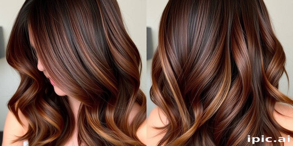 Rich chocolate brown hair with caramel highlights, styled in sleek curtain bangs and long layers, the Mocha Cascade style radiates warmth and depth