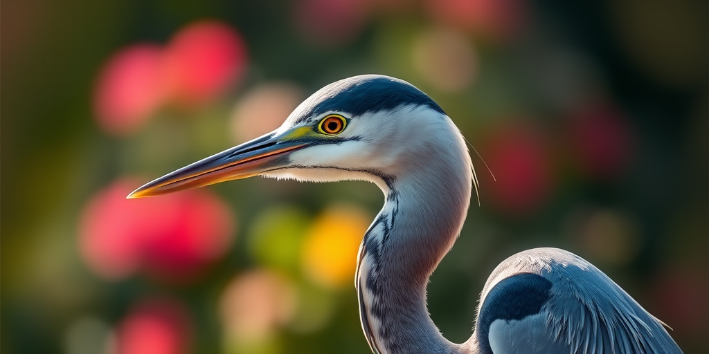 heron in profile, shallow depth of field, soft natural lighting, 200mm lens, f/4 aperture, ISO 100, speed 1/250s, taken with a DSLR camera, vibrant background blur, focus on the head and eye of the bird