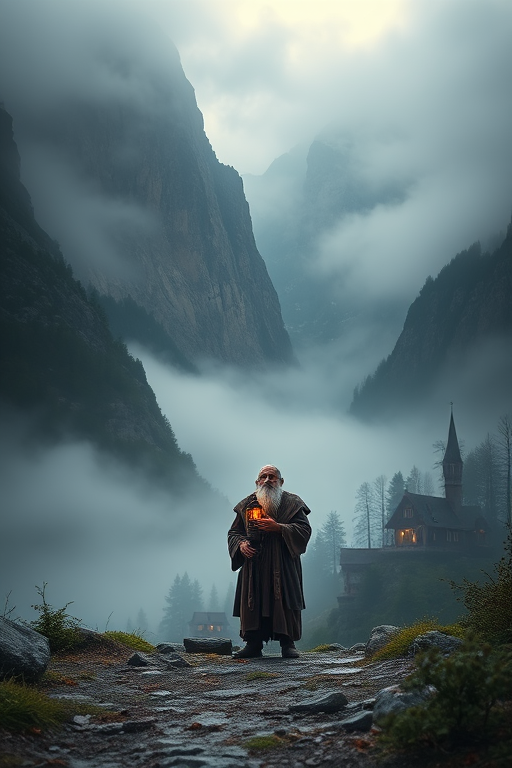 Create a fantasy scene featuring an old wise man with a lantern standing in a misty, atmospheric landscape surrounded by towering mountains and a mystical village, shot with a DSLR camera at f/1.8, ISO 100, 50mm lens, using soft lighting and depth of field to enhance details in the foreground and background.