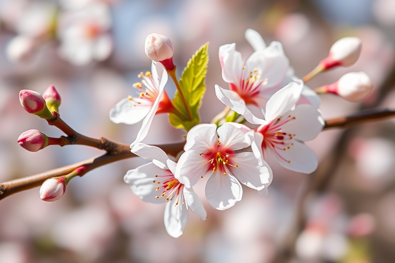 high-resolution illustration of a branch with blossoms and buds, macro view, natural lighting, DSLR camera, f/2.8 aperture, 50mm lens, 1/200 sec shutter speed