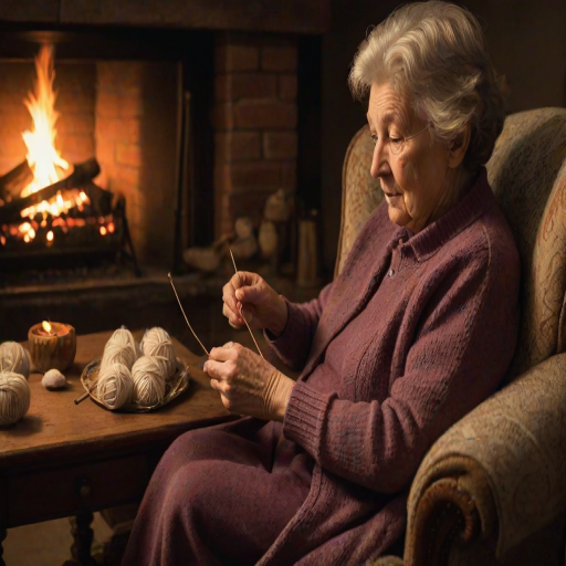 Warm, softly lit image of a grandmother knitting in an armchair by the fireplace, soft glow from the flames illuminating her hands, the smell of wool and woodsmoke filling the room, and the sense of quiet concentration and warmth.
