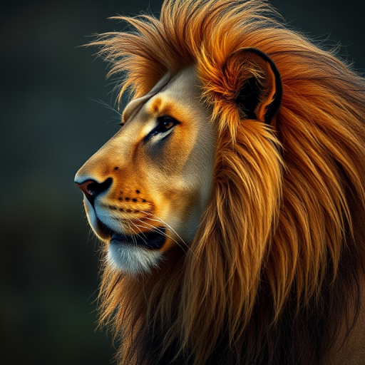 lion with flowing mane in profile view, high detail, dramatic lighting, 50mm lens, f/1.8 aperture, ISO 200, high-speed shutter, macro photography style, soft focus background