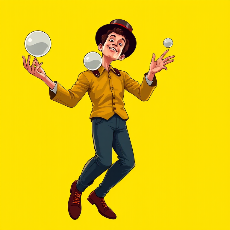 Create an illustration of a juggler in a vibrant yellow background, capturing a dynamic pose with one ball on the chin and juggling props in hand, using a 50mm lens, f/2.8 aperture, with a shallow depth of field to emphasize the subject while blurring the background, shot from a low angle for dramatic effect, in a digital vector art style.
