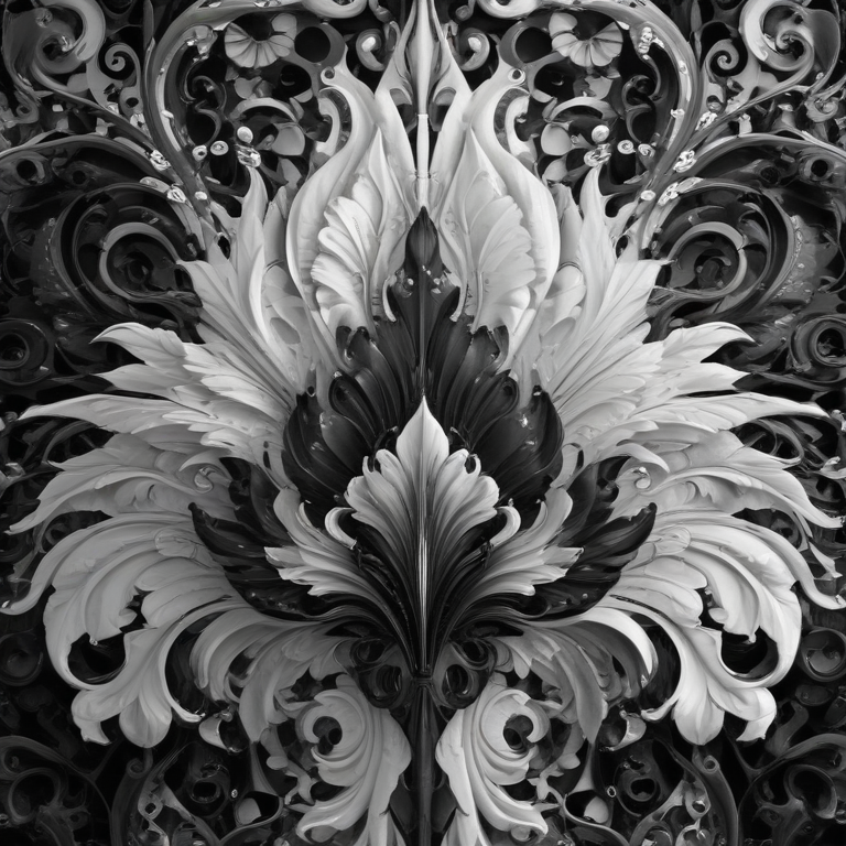 Intricate Black and White Floral Design with Elegant Curves and Patterns