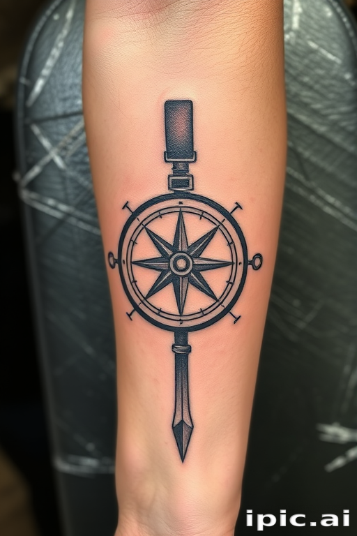 Engraving-style tattoo of an antique compass on the forearm, with fine lines and cross-hatching techniques mimicking old-world craftsmanship