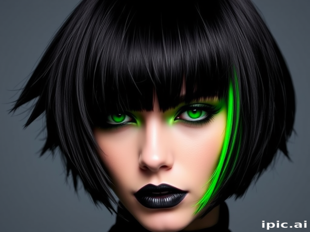 Dramatic jet black bob with razor-sharp edges and a single neon green streak framing the face, creating an eye-catching contrast in the edgy "Emerald Noir" style