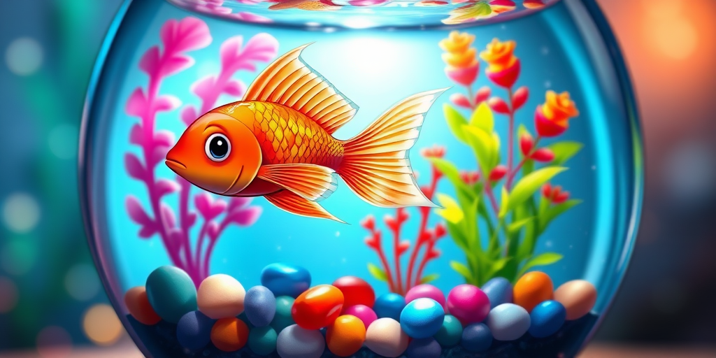 Create a vibrant illustration of a cartoon fish swimming in a round glass fishbowl filled with colorful pebbles and aquatic plants, using a digital art style with high saturation and sharp detail, resembling a close-up view with a 50mm lens at f/2.8 for a shallow depth of field, captured in a well-lit setting to enhance colors and clarity.