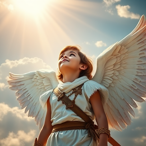 Create an image of a young angelic warrior with magnificent wings, looking upwards in awe, surrounded by clouds and radiant light beams, using a DSLR camera with a 50mm lens, aperture f/1.8, ISO 100, shot in high dynamic range style.
