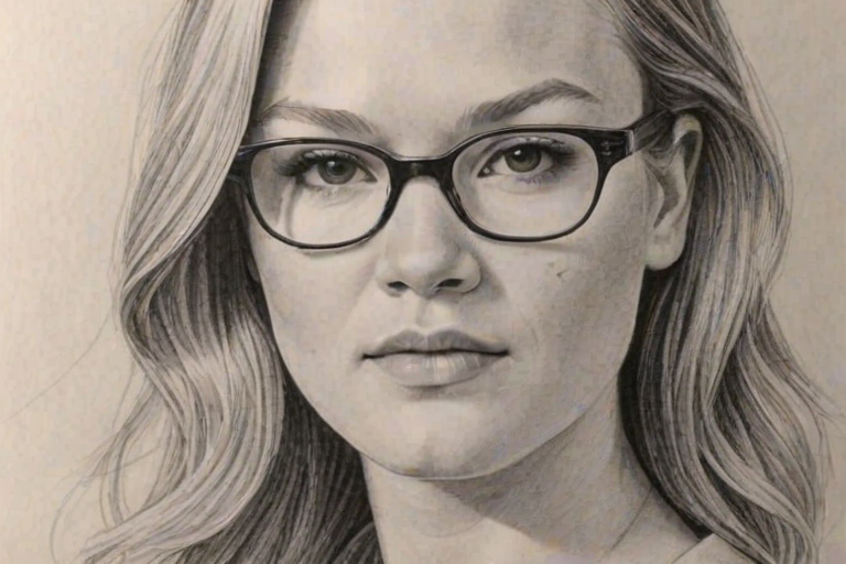 Superb Julia Stiles, pencil sketch, portrait of Lovely woman 1965s in glasses, hair style beatnik, outline, clear lines, fine lines, 8k