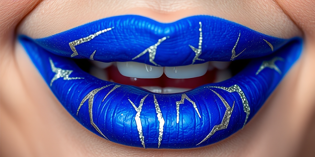 Electric blue lips with lightning bolt patterns in silver, named "Thunderstruck," make a dramatic statement with a matte finish and subtle glitter for edgy music festivals
