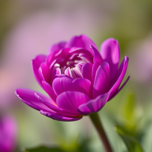 close-up of a vibrant purple ranunculus flower with a soft-focus background, shot with a Canon EOS 5D Mark IV, 50mm lens, aperture f/2.8, shutter speed 1/200s, ISO 100, natural light, macro photography style