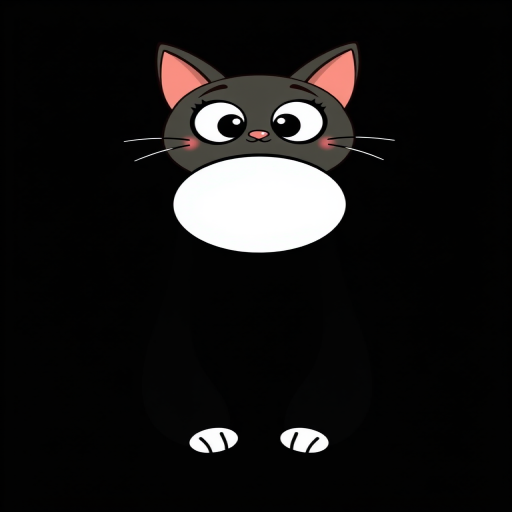 Create a whimsical cartoon image featuring a playful cat character with large eyes, a blank oval space in the center, and small oval shapes at the bottom, taken with a DSLR camera at 50mm, f/1.8 aperture, ISO 100, and a soft focus style against a solid black background.