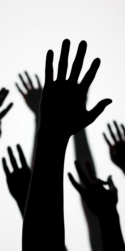 Create a high-contrast black silhouette of multiple hands raised in various positions against a white background, using a Canon EOS R5 with a 50mm f/1.2 lens, aperture set to f/2.8, shutter speed at 1/250s, ISO 100, captured in a studio setting with diffused lighting for even illumination.