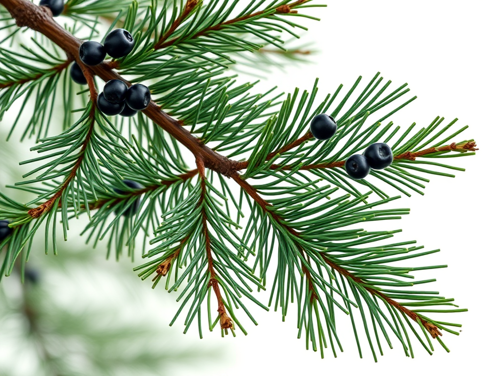 Create a highly detailed illustration of a pine branch with a cross shape, featuring rich green needles and dark berries, shot with a DSLR camera at 50mm focal length, f/1.8 aperture, ISO 100, natural light, and a shallow depth of field to enhance focus on the branch and create a soft background blur.
