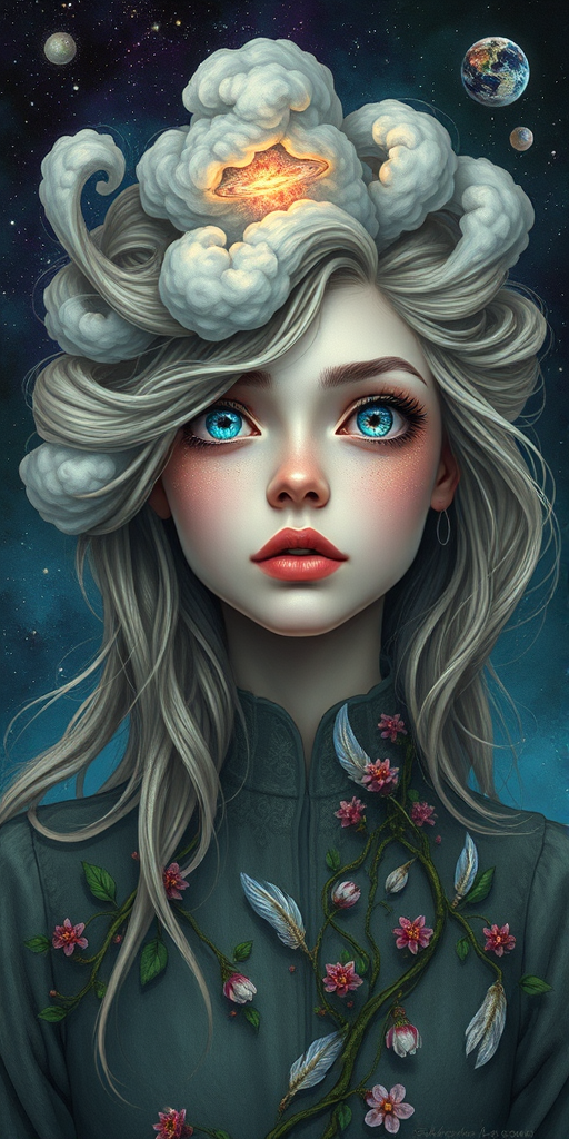 Create a series of imaginative portraits where each subject is infused with elements of fantasy and nature. The hair of the individuals should flow like clouds, varying from soft, fluffy cumulus to wispy cirrus strands, with hints of color reflecting a sunset or a clear blue sky. The eyes should be windows to entire galaxies, with stars, nebulae, and distant planets visible within them. Clothing should be adorned with nature motifs, such as floral patterns that bloom and change, vines that seem to grow and wrap around, or feathers that shimmer with iridescence. Each portrait should capture a unique personality, blending human features with the ethereal beauty of the natural and cosmic world. The backgrounds can vary, from starry night skies to enchanted forests, adding depth and context to the magical realism of the portraits