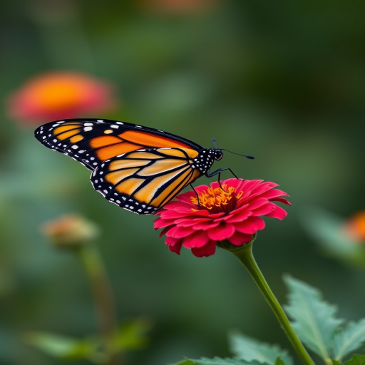 Generate an image of a monarch butterfly perched on a vibrant flower. The butterfly should display its characteristic orange and black wings with white spots. The background should be softly blurred to emphasize the butterfly and the flower.