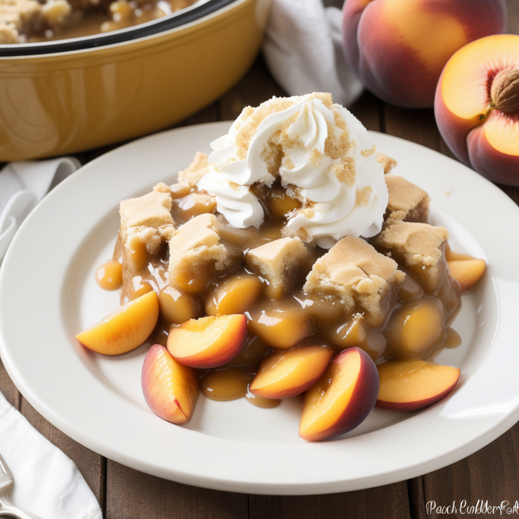 peach cobbler in a crock pot with cake mix